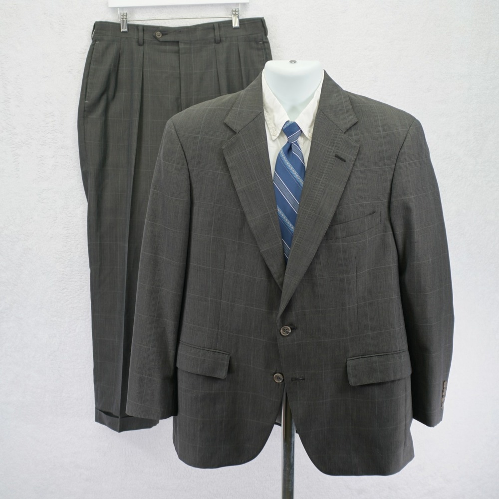 DAMAGED Jos A Bank Wool Green Plaid 2 Piece Suit 40R  35 / 31 W/ Orange Red Wind